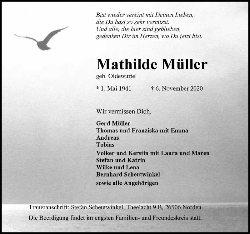  Traueranzeige für Mathilde Müller vom 09.11.2020 aus 