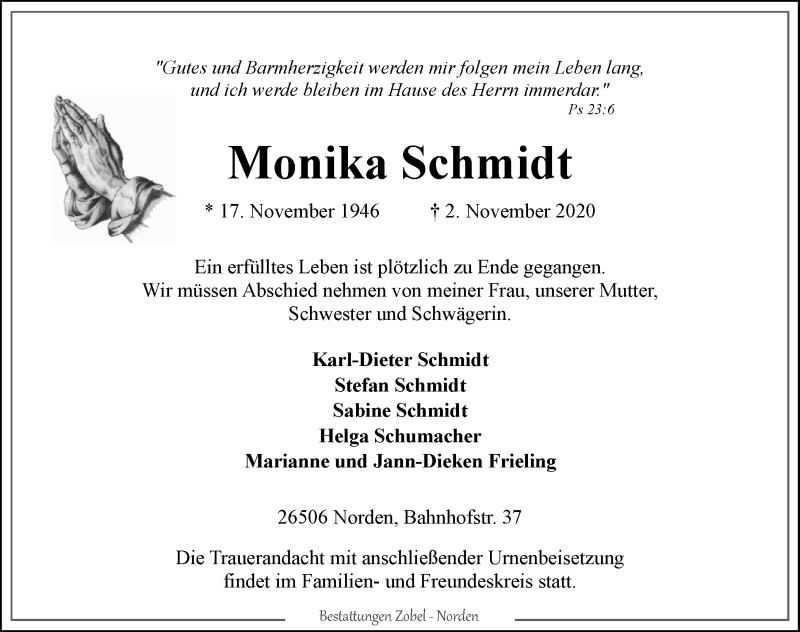  Traueranzeige für Monika Schmidt vom 07.11.2020 aus 