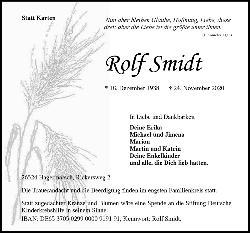  Traueranzeige für Rolf Smidt vom 28.11.2020 aus 