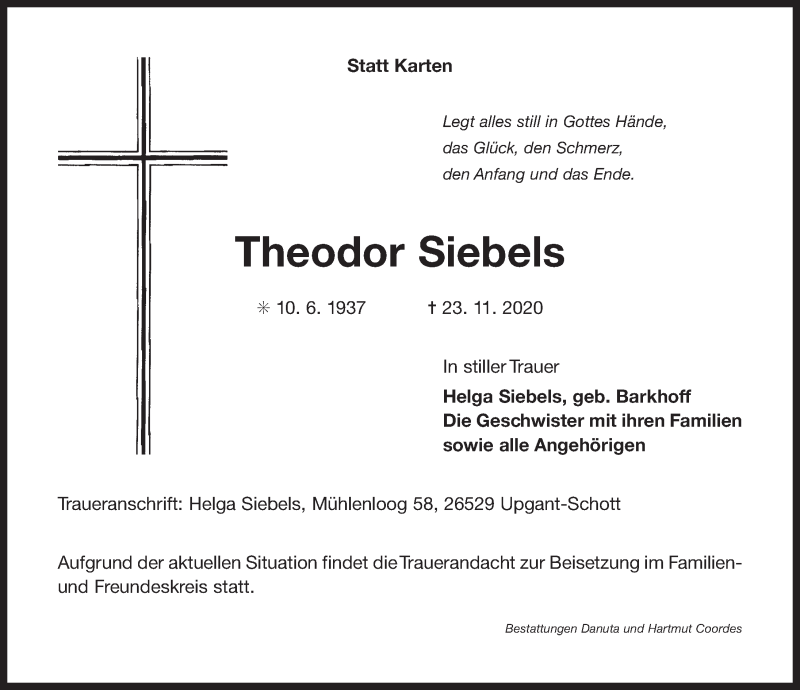  Traueranzeige für Theodor Siebels vom 26.11.2020 aus 