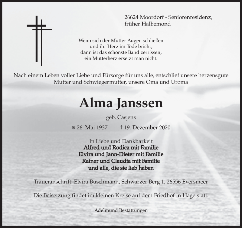  Traueranzeige für Alma Janssen vom 21.12.2020 aus 