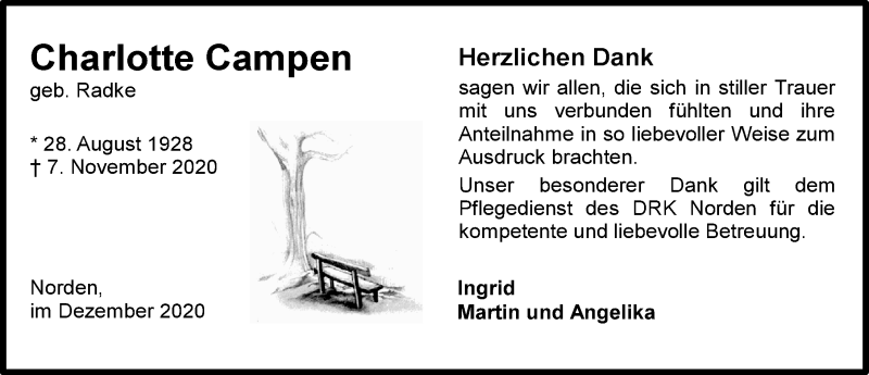  Traueranzeige für Charlotte Campen vom 12.12.2020 aus 