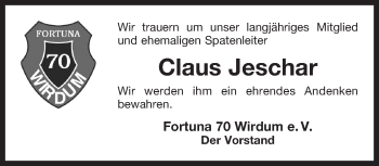 Traueranzeige von Claus Jeschar von Ostfrisischer Kurier