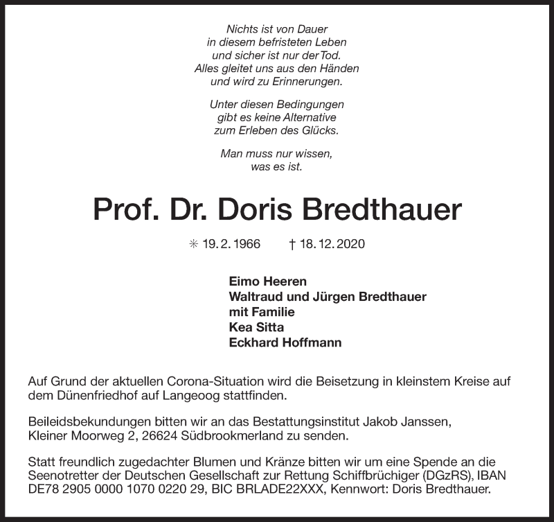  Traueranzeige für Doris Bredthauer vom 21.12.2020 aus 