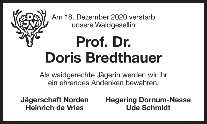  Traueranzeige für Doris Bredthauer vom 22.12.2020 aus 