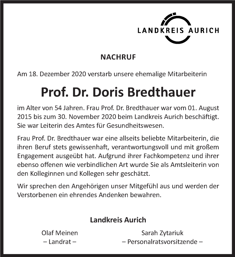  Traueranzeige für Doris Bredthauer vom 24.12.2020 aus 