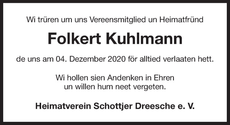  Traueranzeige für Folkert Kuhlmann vom 12.12.2020 aus 