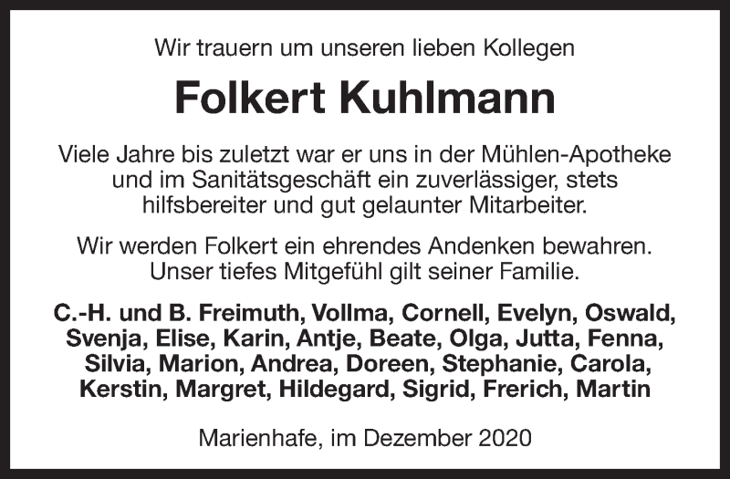  Traueranzeige für Folkert Kuhlmann vom 10.12.2020 aus 