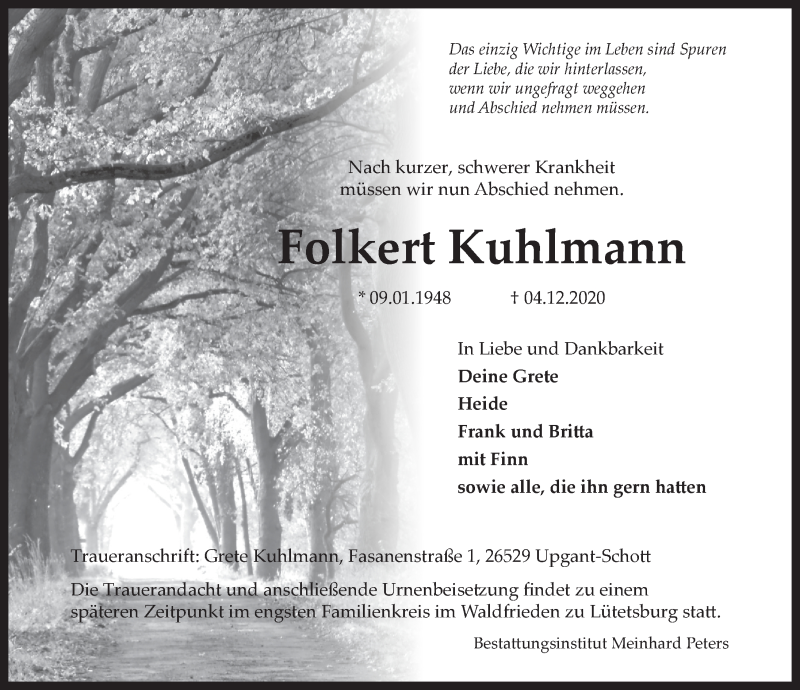  Traueranzeige für Folkert Kuhlmann vom 09.12.2020 aus Ostfrisischer Kurier