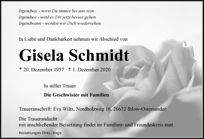  Traueranzeige für Gisela Schmidt vom 04.12.2020 aus 
