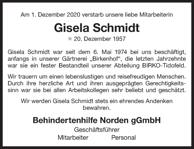  Traueranzeige für Gisela Schmidt vom 04.12.2020 aus 