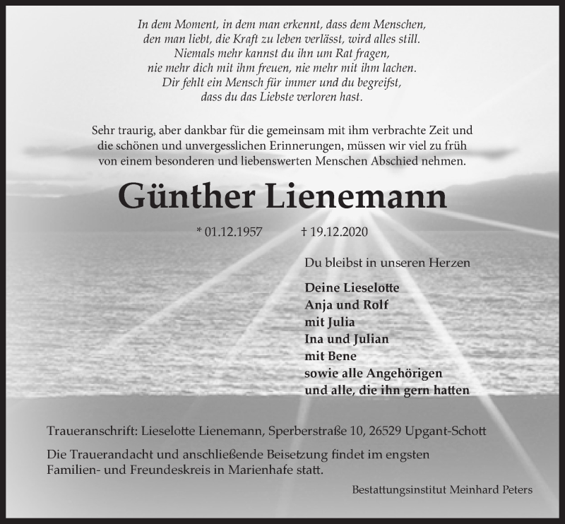  Traueranzeige für Günther Lienemann vom 21.12.2020 aus 