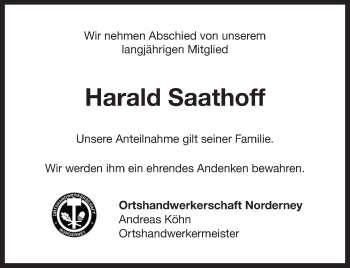 Traueranzeige von Harald Saathoff 