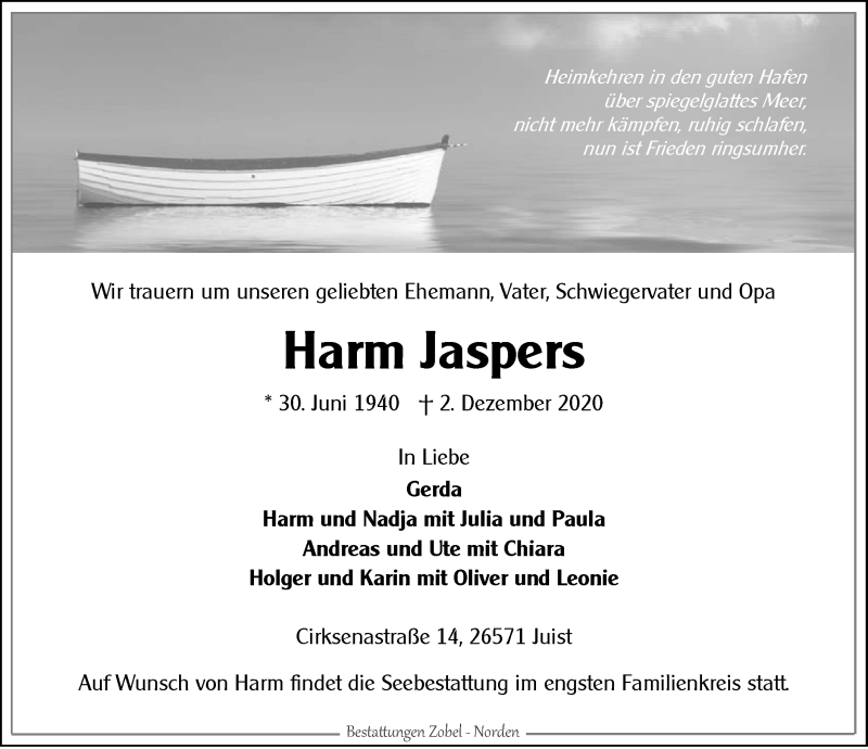  Traueranzeige für Harm Jaspers vom 05.12.2020 aus 