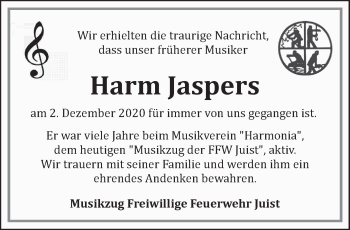 Traueranzeige von Harm Jaspers von Ostfrisischer Kurier