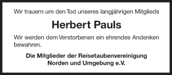 Traueranzeige von Herbert Pauls von Ostfrisischer Kurier