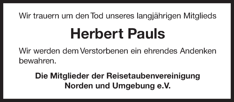  Traueranzeige für Herbert Pauls vom 09.12.2020 aus Ostfrisischer Kurier