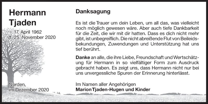 Traueranzeige für Hermann Tjaden vom 24.12.2020 aus 