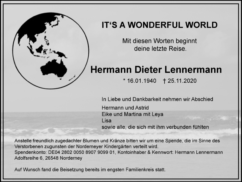  Traueranzeige für Hermann Dieter Lennermann vom 05.12.2020 aus 