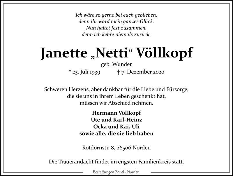  Traueranzeige für Janette Völlkopf vom 09.12.2020 aus Ostfrisischer Kurier