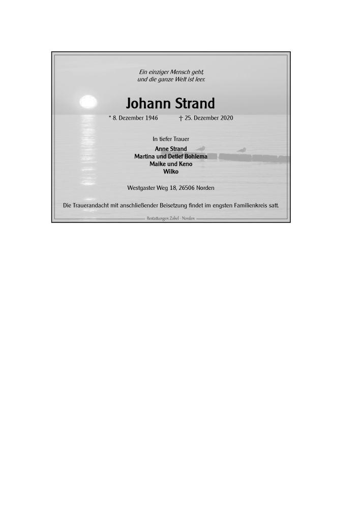  Traueranzeige für Johann Strand vom 28.12.2020 aus 