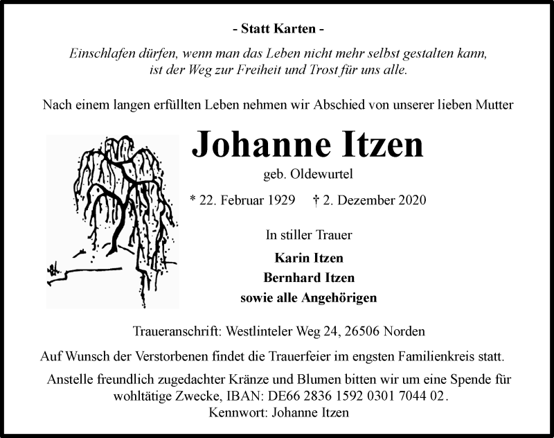  Traueranzeige für Johanne Itzen vom 05.12.2020 aus 
