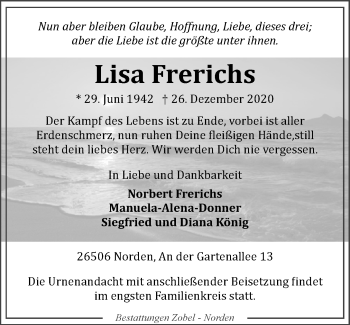 Traueranzeige von Lisa Frerichs 