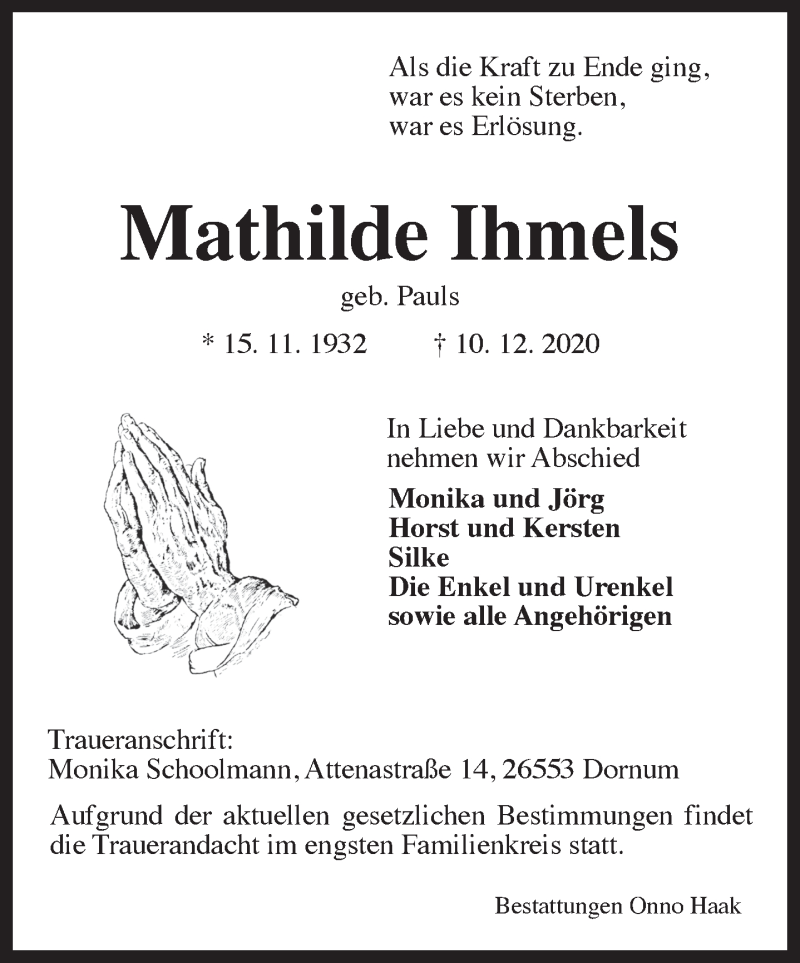  Traueranzeige für Mathilde Ihmels vom 12.12.2020 aus 