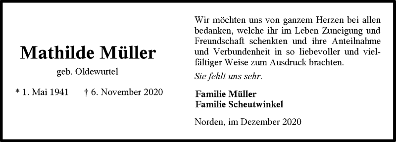  Traueranzeige für Mathilde Müller vom 19.12.2020 aus 