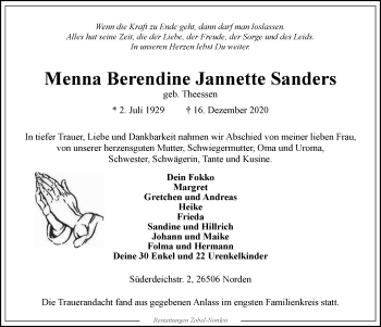 Traueranzeige von Menna Berendine Jannette Sanders 