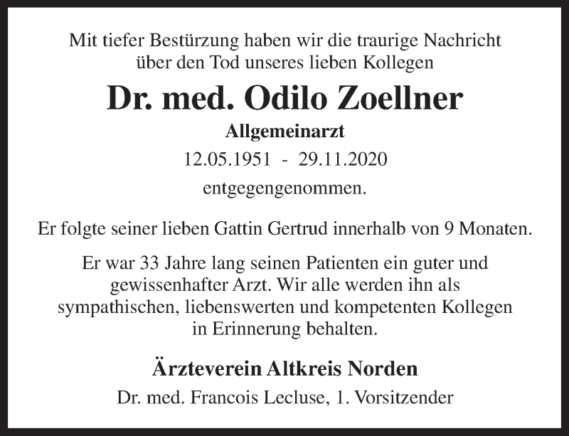  Traueranzeige für Odilo Zoellner vom 10.12.2020 aus 