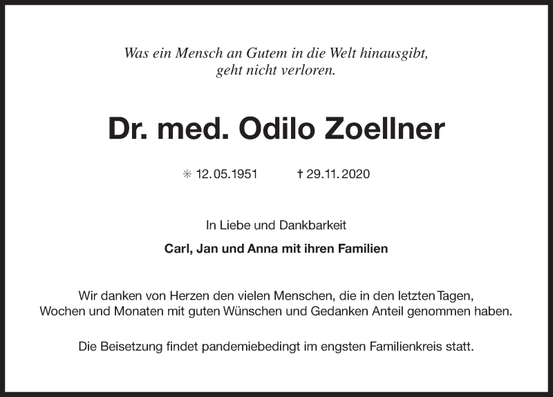  Traueranzeige für Odilo Zoellner vom 05.12.2020 aus 