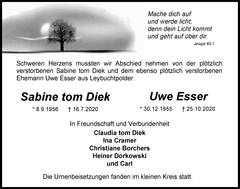  Traueranzeige für Sabine tom und Uwe Diek, Esser vom 05.12.2020 aus 