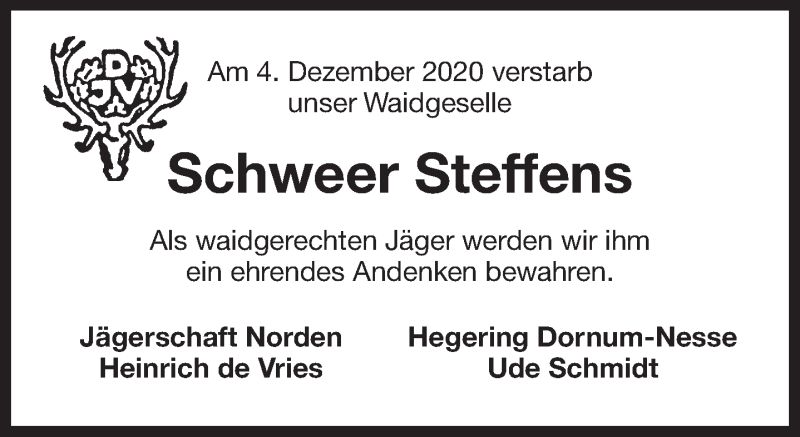  Traueranzeige für Steffens Schweer vom 15.12.2020 aus 