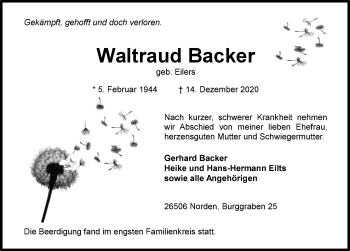 Traueranzeige von Waltraud Backer 