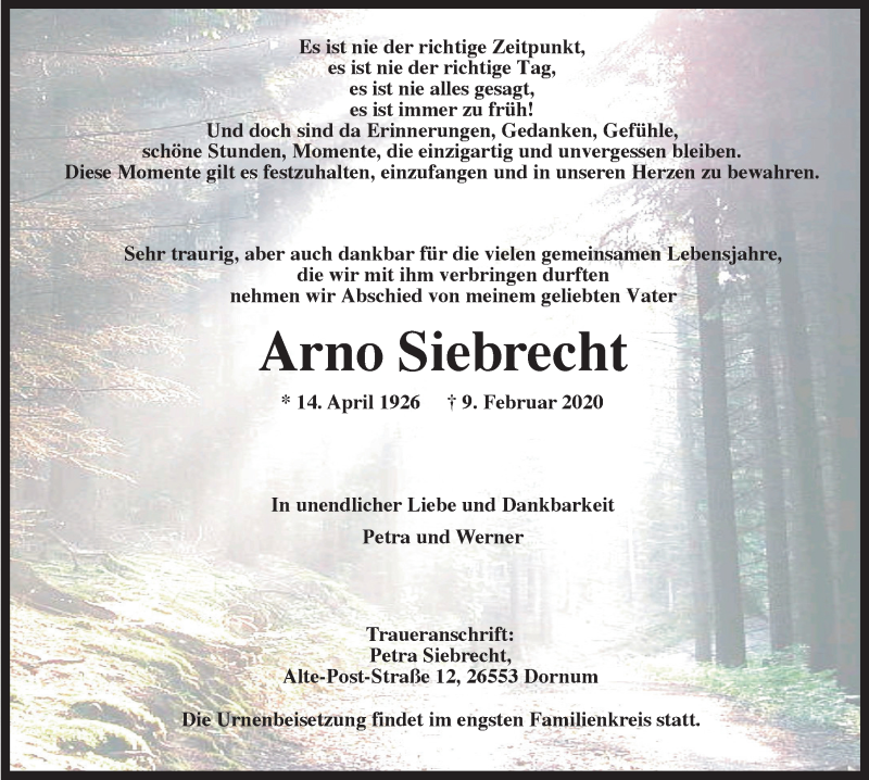  Traueranzeige für Arno Siebrecht vom 15.02.2020 aus 