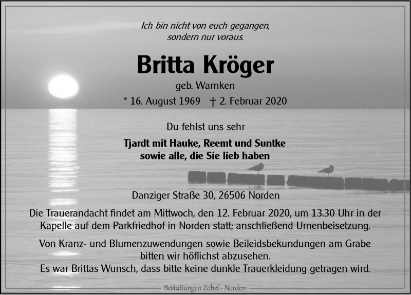  Traueranzeige für Britta Kröger vom 08.02.2020 aus 