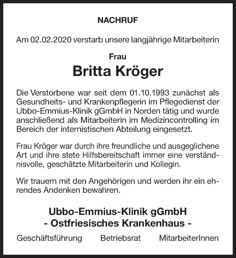  Traueranzeige für Britta Kröger vom 13.02.2020 aus 