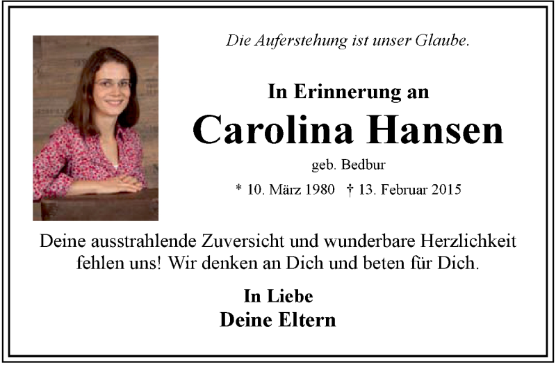  Traueranzeige für Carolina Hansen vom 13.02.2020 aus 