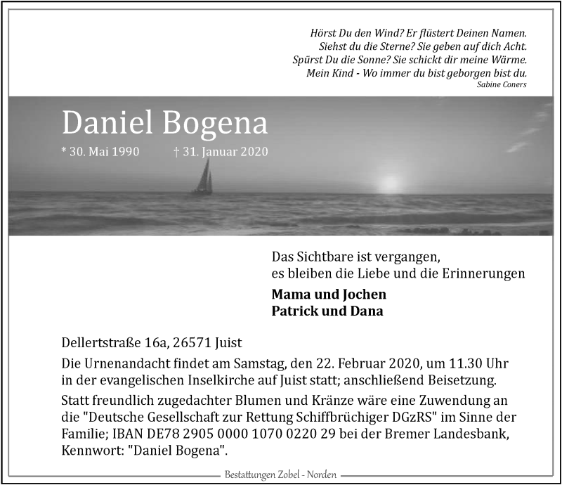  Traueranzeige für Daniel Bogena vom 08.02.2020 aus 