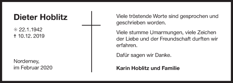  Traueranzeige für Dieter Hoblitz vom 08.02.2020 aus 