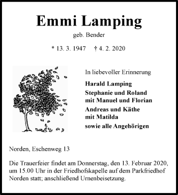 Traueranzeige von Emmi Lamping 