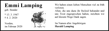 Traueranzeige von Emmi Lamping 