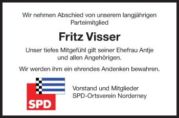Traueranzeige von Fritz Visser 