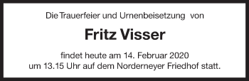 Traueranzeige von Fritz Visser 