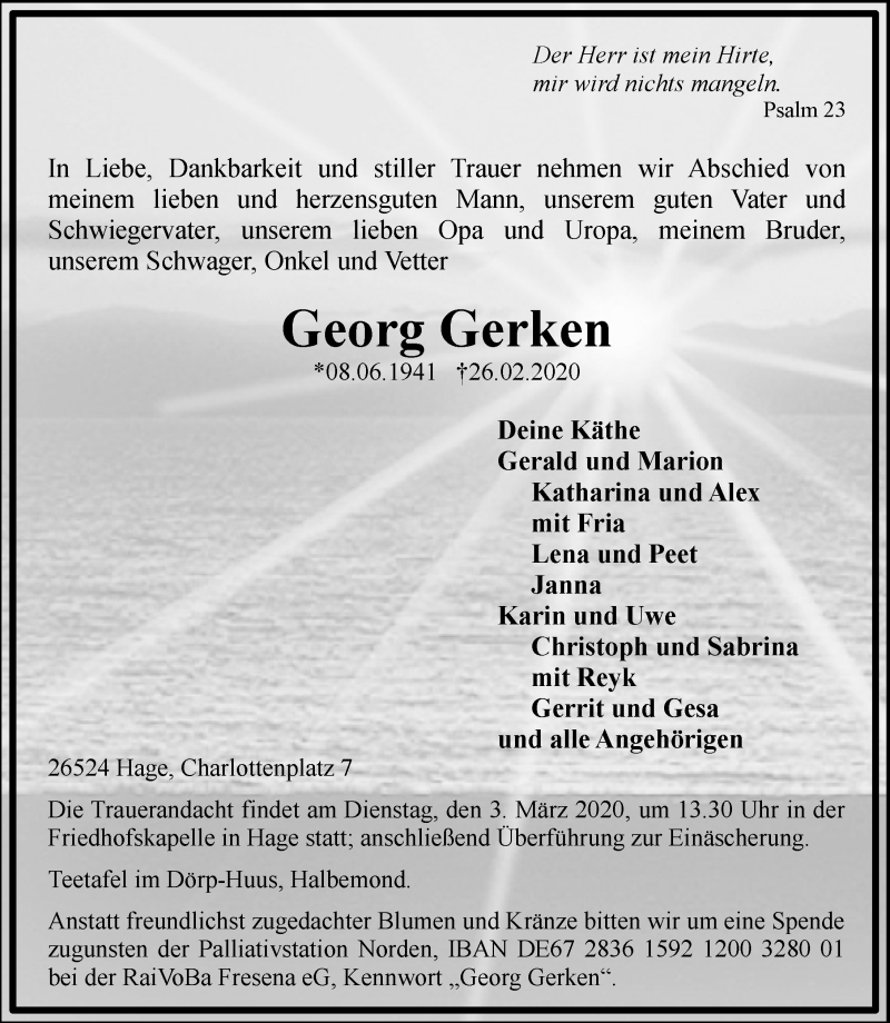  Traueranzeige für Georg Gerken vom 29.02.2020 aus 