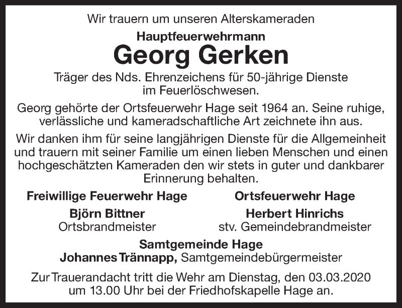  Traueranzeige für Georg Gerken vom 29.02.2020 aus 