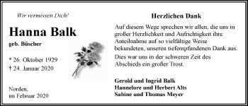 Traueranzeige von Hanna Balk 