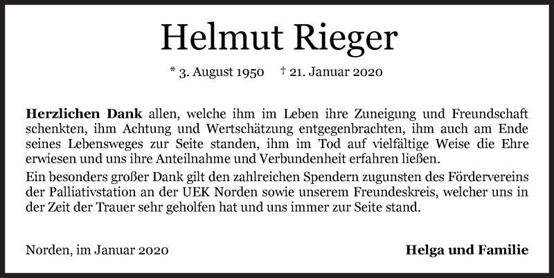  Traueranzeige für Helmut Rieger vom 29.02.2020 aus 