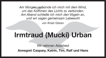Traueranzeige von Irmtraud Urban 